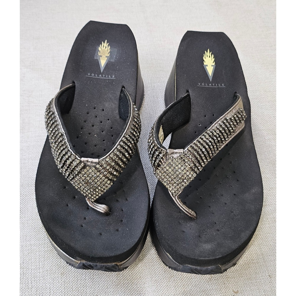 Volatile Platform Wedge Sandals Womens 7 Black Rhinestone Y2K Thong Flip Flops